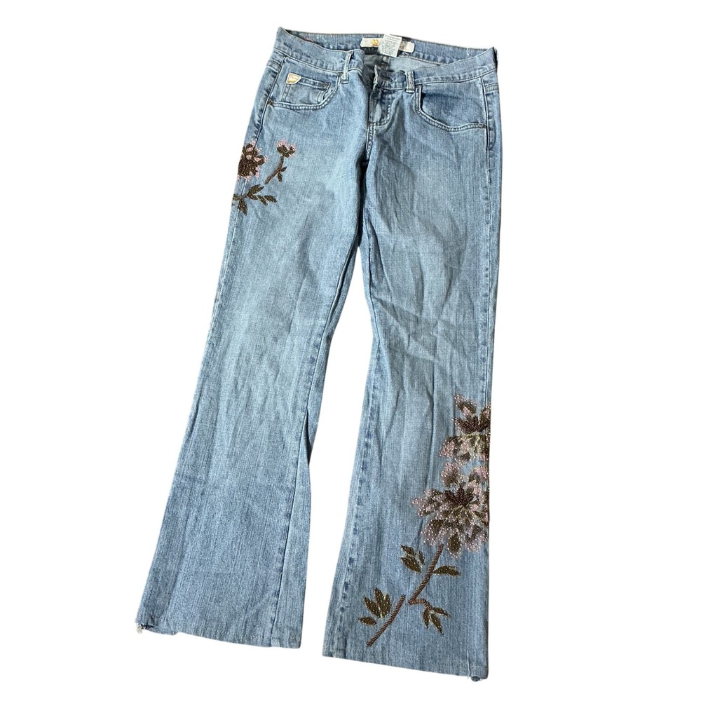 Z. Cavaricci Y2K Beaded Floral Flare Jeans Womens 5 Blue Low Rise Embroidered